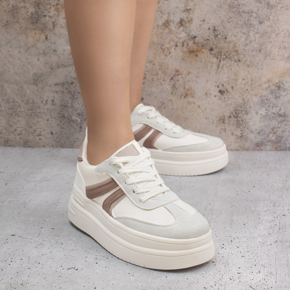 Tenis Beige Rosa Dama Casual Plataforma Moda Cordones Urbano Sneaker Mujer 4370175