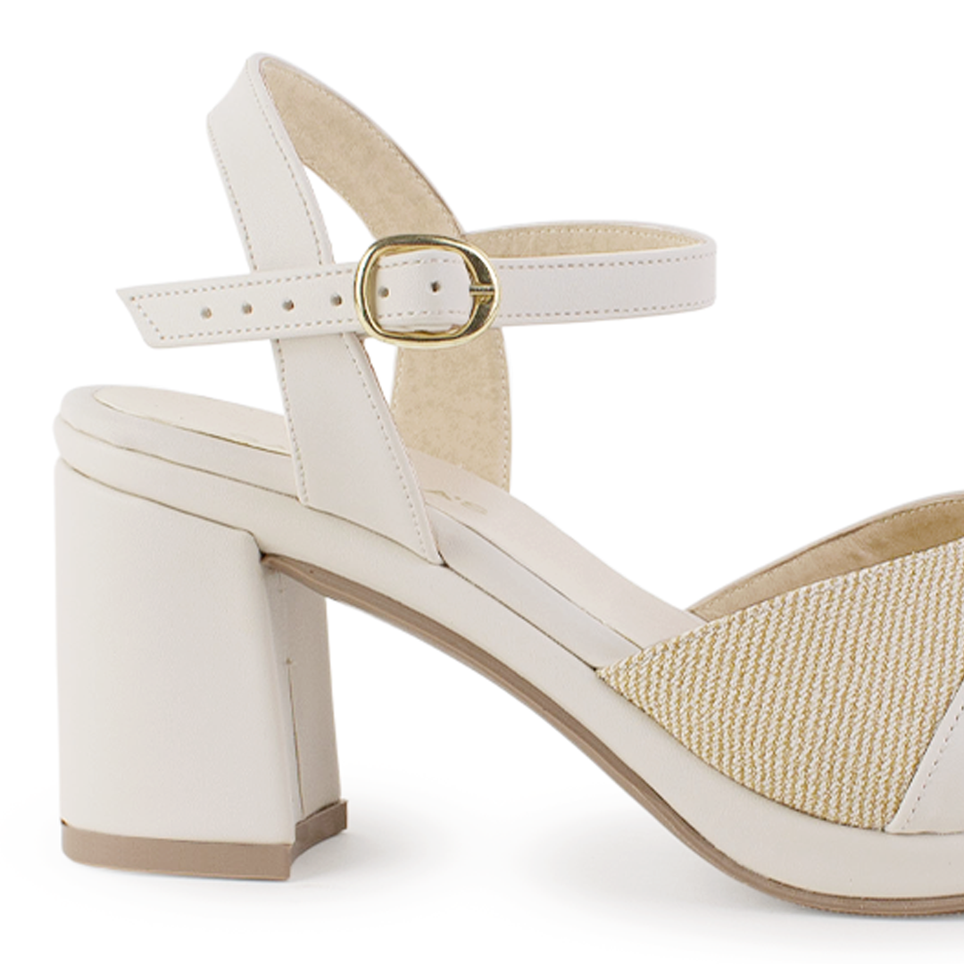 Zapatilla Beige Tacon Ancho Mujer Pulsera Hebilla Moda Elegante 4500185