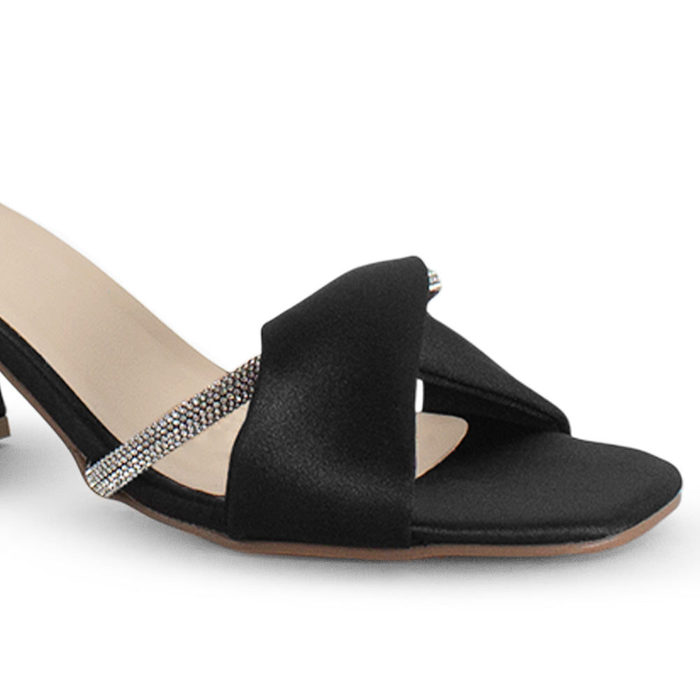 Zapatilla Negro Plata Dama Tacón Bajo Grueso Tira Gruesa Brillo Elegante 3201397