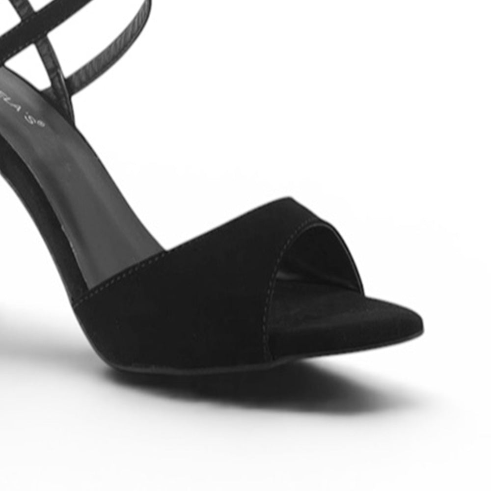 Zapatilla Negro Tacon Mujer Tiras Tobillo Puntal Descubierto Moda 2000146