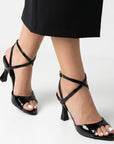 Zapatilla Negro Tacon Mujer Tiras Tobillo Puntal Descubierto Moda 2000152