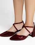 Zapatilla Vino Dama Doble Correa Cruzada Tacon Grueso Punta Fina 4930053