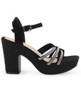 Zapatilla Negro Plata Dama Brillos Tiras Cruzadas Elegante Tacon Ancho 3790064