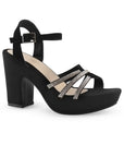 Zapatilla Negro Plata Dama Brillos Tiras Cruzadas Elegante Tacon Ancho 3790064