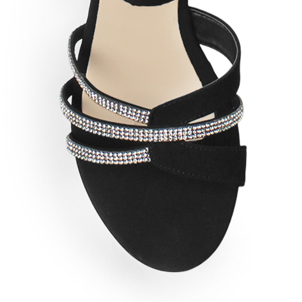 Zapatilla Negro Plata Dama Brillos Tiras Cruzadas Elegante Tacon Ancho 3790064