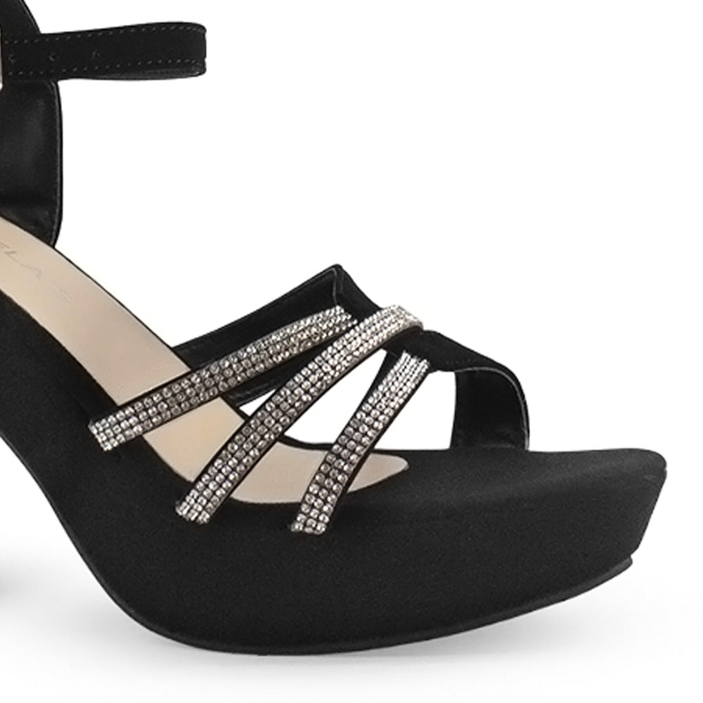 Zapatilla Negro Plata Dama Brillos Tiras Cruzadas Elegante Tacon Ancho 3790064