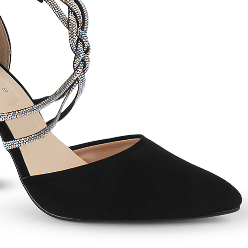 Zapatilla Negro/Plata Mujer Tiras Cruzadas Con Brillos Tacon Alto Puntal 3402915