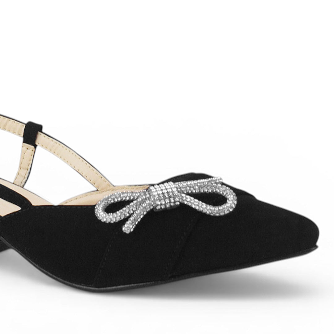 Zapatilla Negro Mujer Tacon Bajo Pultal Moño Brillos Moda Elegante 3403011