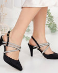 Zapatilla Negro  Puntal Dama Tiras Brillos Tacon Delgado Elegante 3403014
