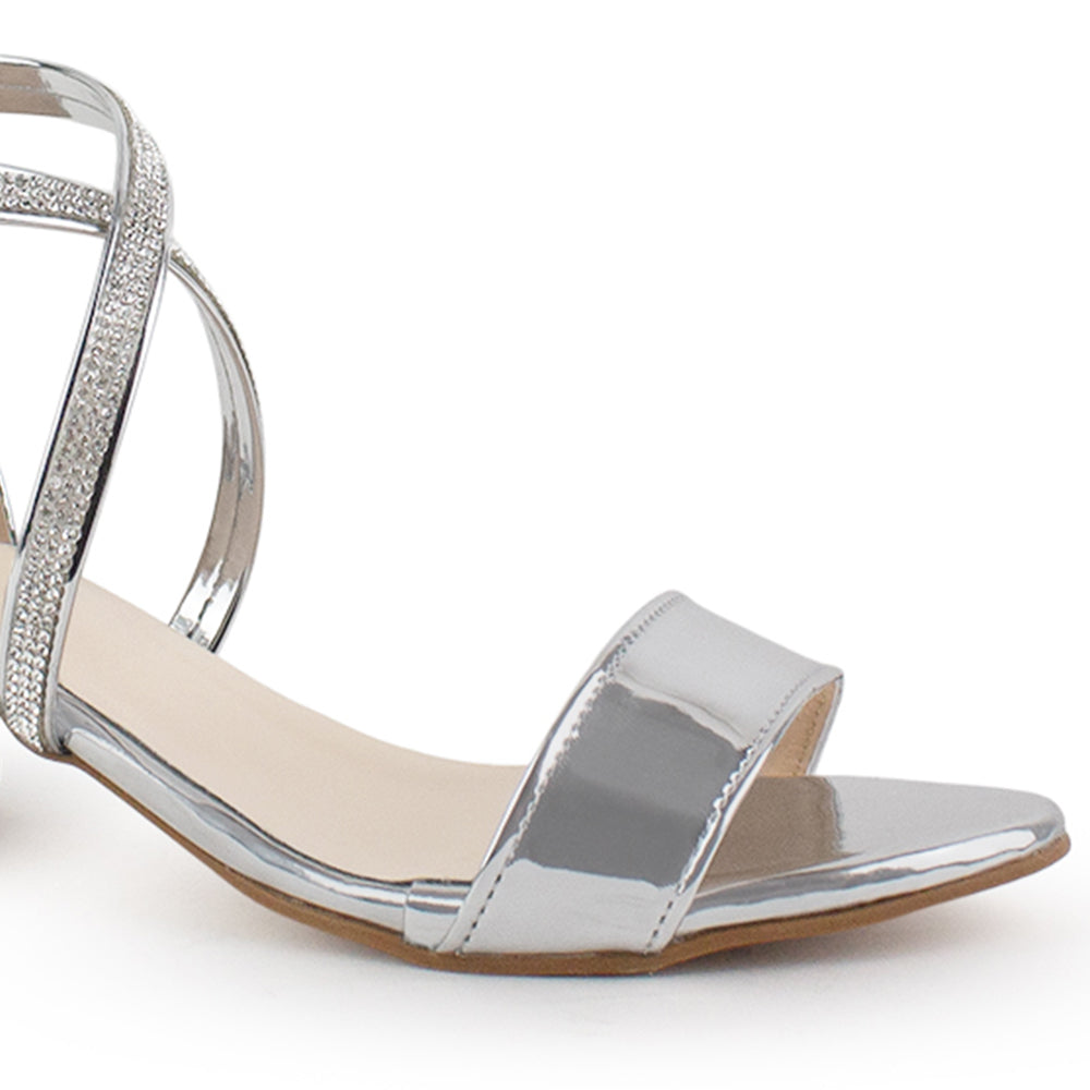 Zapatilla Plata Tiras Brillos Tacon Bajo Punta Abierta Moda 2760714