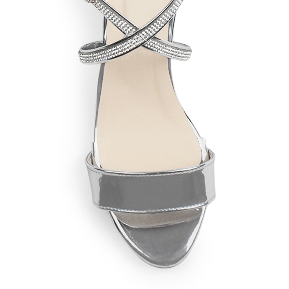 Zapatilla Plata Tiras Brillos Tacon Bajo Punta Abierta Moda 2760714