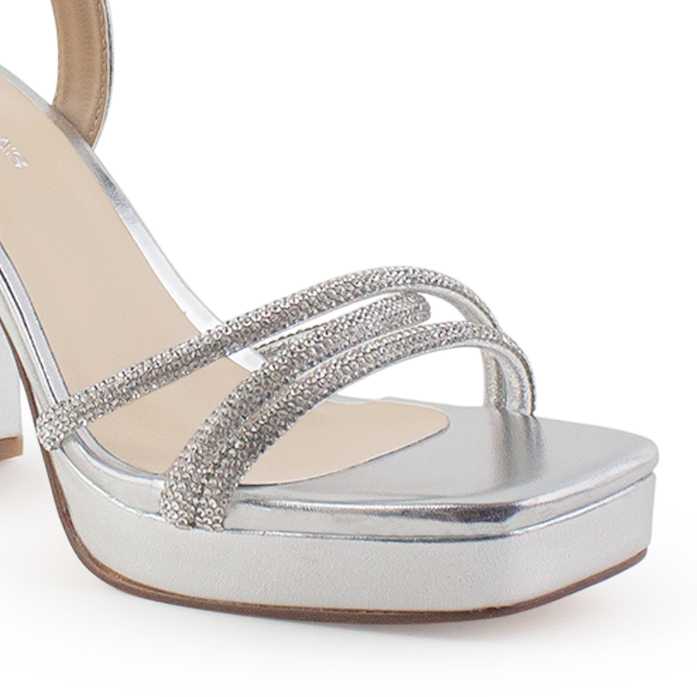 Zapatilla Plata Punta Cuadrada Brillos Mujer Tacon Ancho Moda 4840027