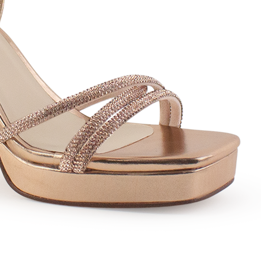 Zapatilla Oro Rosa Punta Cuadrada Brillos Mujer Tacon Ancho Moda 4840028