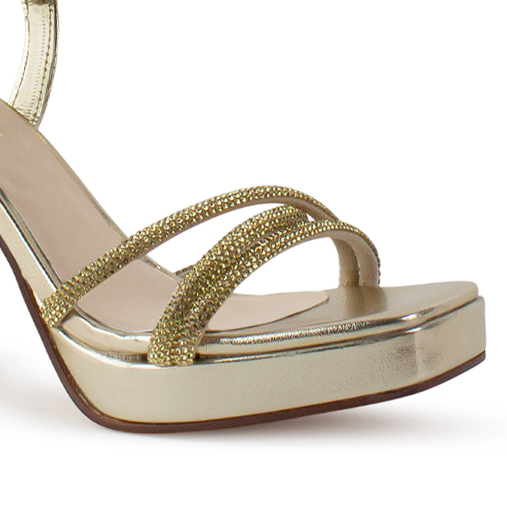 Zapatilla Oro Punta Cuadrada Brillos Mujer Tacon Ancho Moda 4840049
