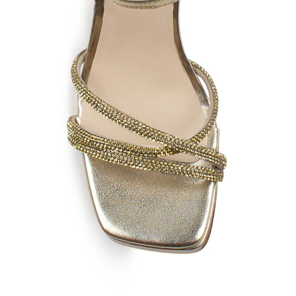Zapatilla Oro Punta Cuadrada Brillos Mujer Tacon Ancho Moda 4840049
