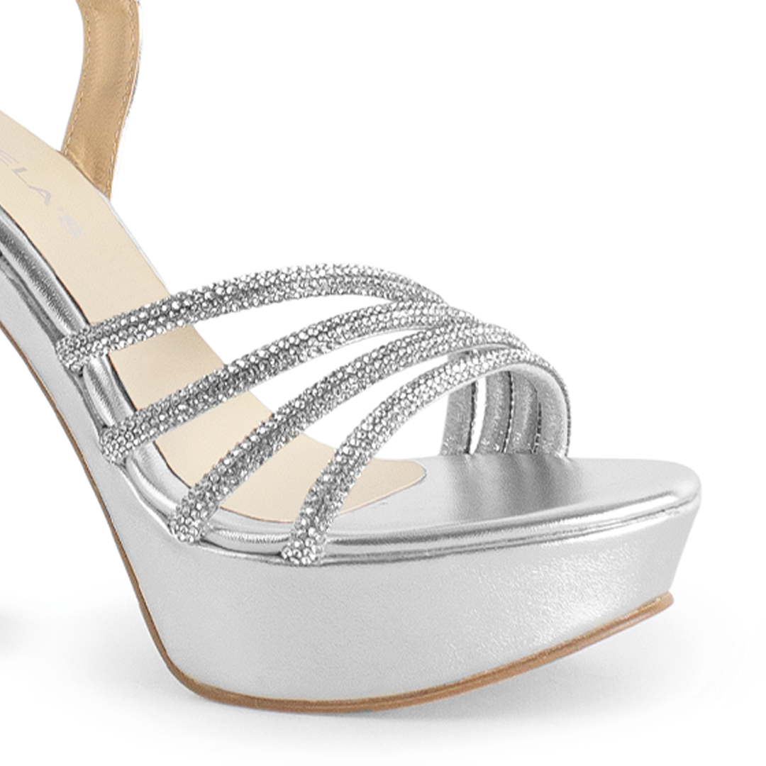 Zapatillas Plata Dama Punta Abierta Elegante Tiras Brillos Moda 2630082