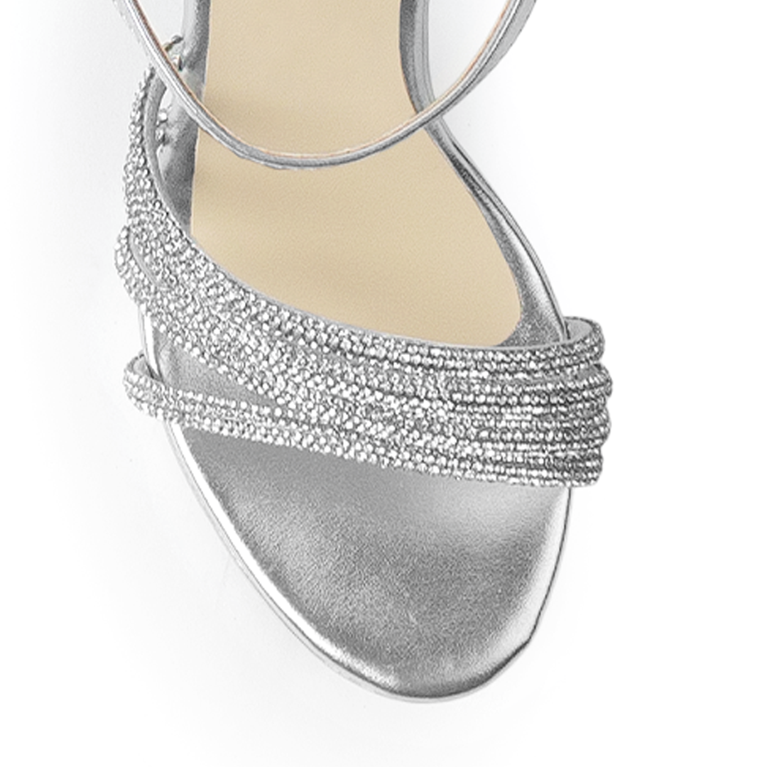 Zapatillas Plata Dama Punta Abierta Elegante Tiras Brillos Moda 2630082