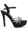 Zapatillas Negro Plata Dama Punta Abierta Elegante Tiras Brillos Moda 2630083
