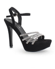 Zapatillas Negro Plata Dama Punta Abierta Elegante Tiras Brillos Moda 2630083