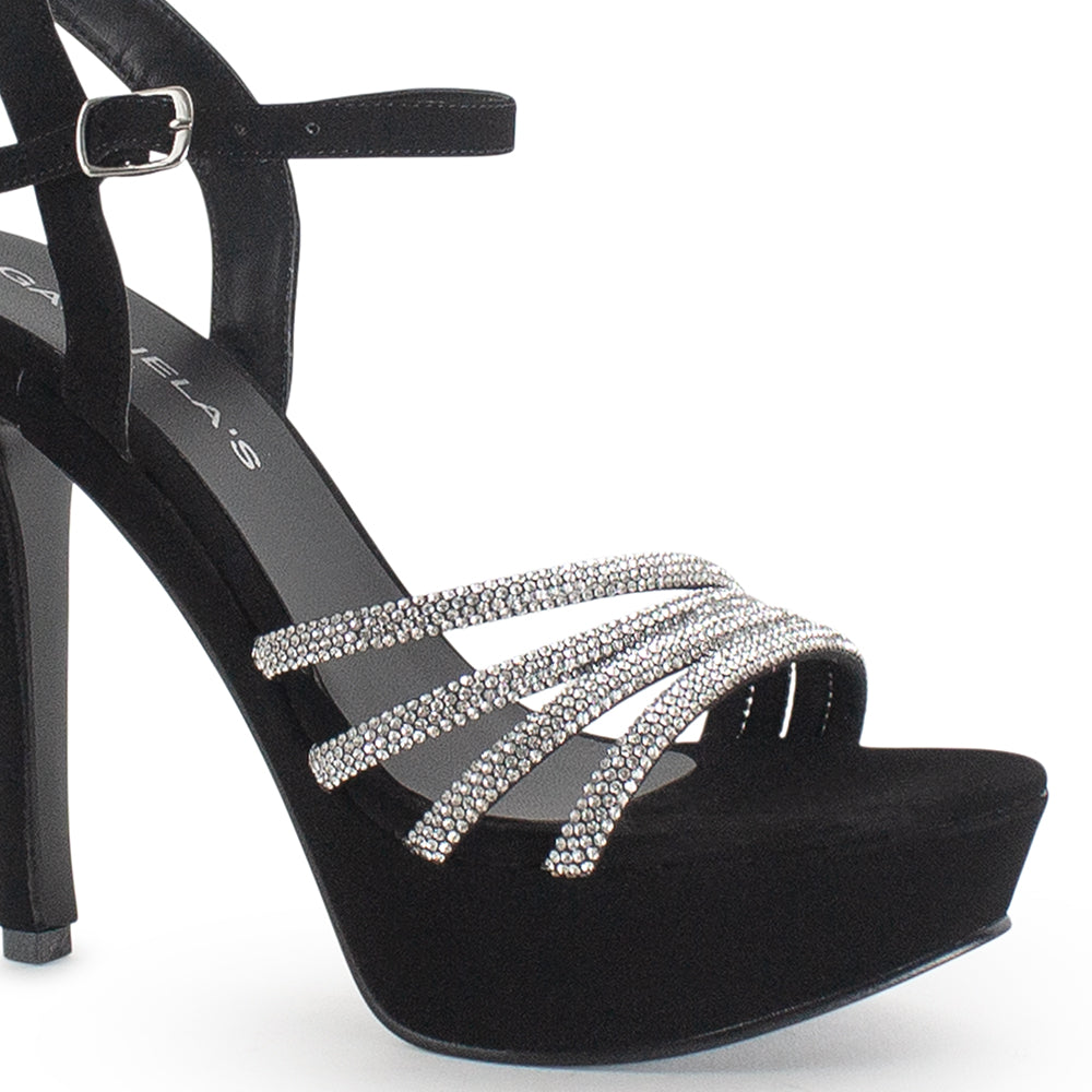 Zapatillas Negro Plata Dama Punta Abierta Elegante Tiras Brillos Moda 2630083