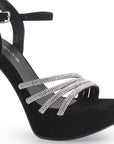 Zapatillas Negro Plata Dama Punta Abierta Elegante Tiras Brillos Moda 2630083