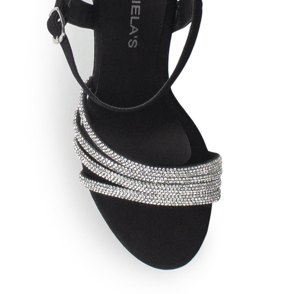 Zapatillas Negro Plata Dama Punta Abierta Elegante Tiras Brillos Moda 2630083
