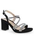 Zapatillas Negro Plata Mujer Tiras Brillos Tacón Grueso Estilo Elegante 3270316