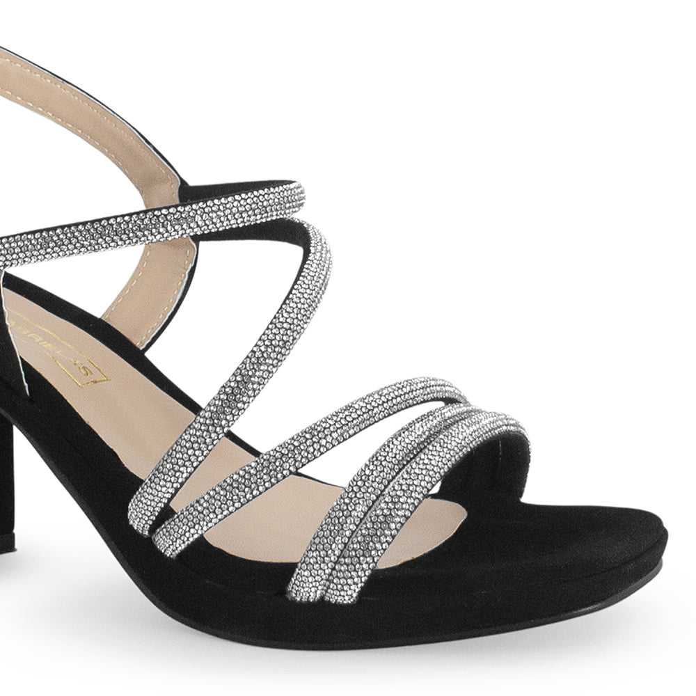 Zapatillas Negro Plata Mujer Tiras Brillos Tacón Grueso Estilo Elegante 3270316