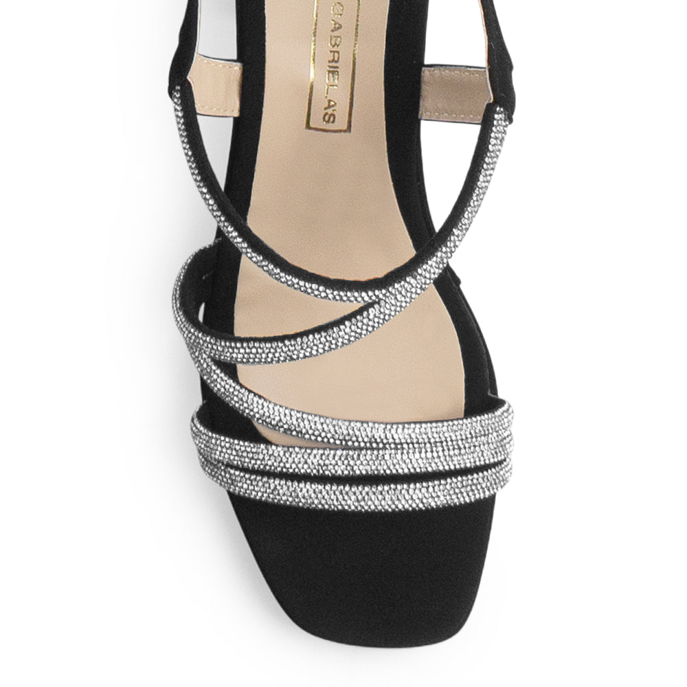 Zapatillas Negro Plata Mujer Tiras Brillos Tacón Grueso Estilo Elegante 3270316
