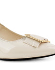 Zapatilla Beige Negro Punta Fina Moño Herraje Moderno Tacones Mujer 4220035