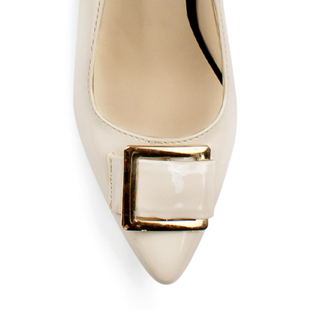 Zapatilla Beige Negro Punta Fina Moño Herraje Moderno Tacones Mujer 4220035