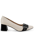 Zapatilla Beige Negro Tacon Ancho Bajo Casual Elegante Puntal Moda Mujer 4220036