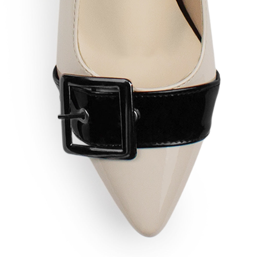 Zapatilla Beige Negro Tacon Ancho Bajo Casual Elegante Puntal Moda Mujer 4220036