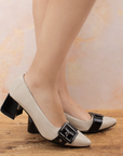 Zapatilla Beige Negro Tacon Ancho Bajo Casual Elegante Puntal Moda Mujer 4220036