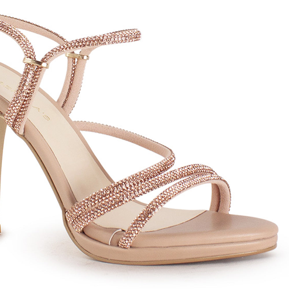 Zapatilla Maquillaje Oro Rosa Elegante Tiras Pedreria Tacon Fino Mujer Moda 4040674