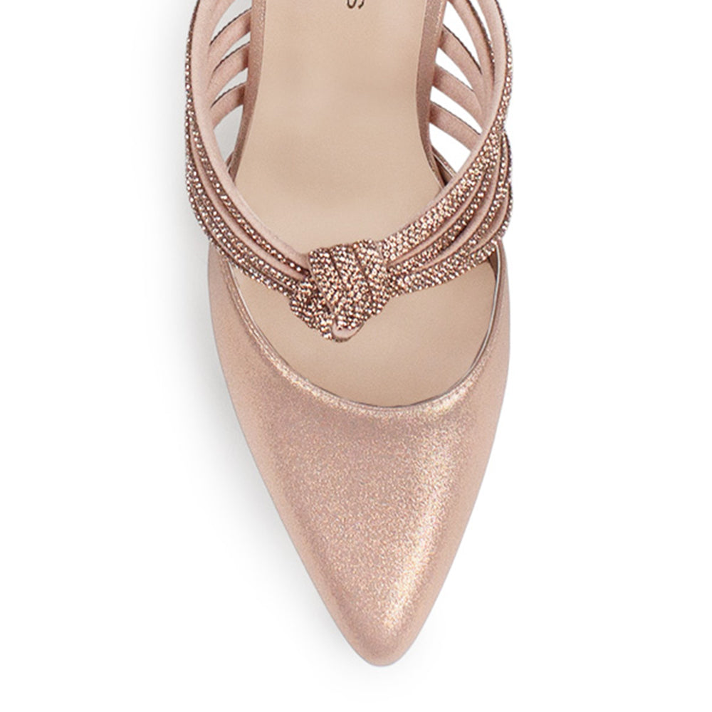 Zapatilla Oro Rosa Tacon Delgado Tiras Brillos Moda Puntal Elegante 4040776