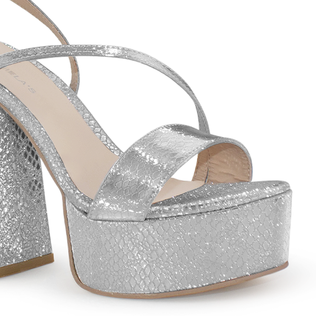 Zapatillas Plata Mujer Tacón Alto Grueso Tira Cruzada Moda 4040796