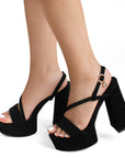 Zapatillas Negro Mujer Tacón Alto Grueso Tira Cruzada Moda 4040797