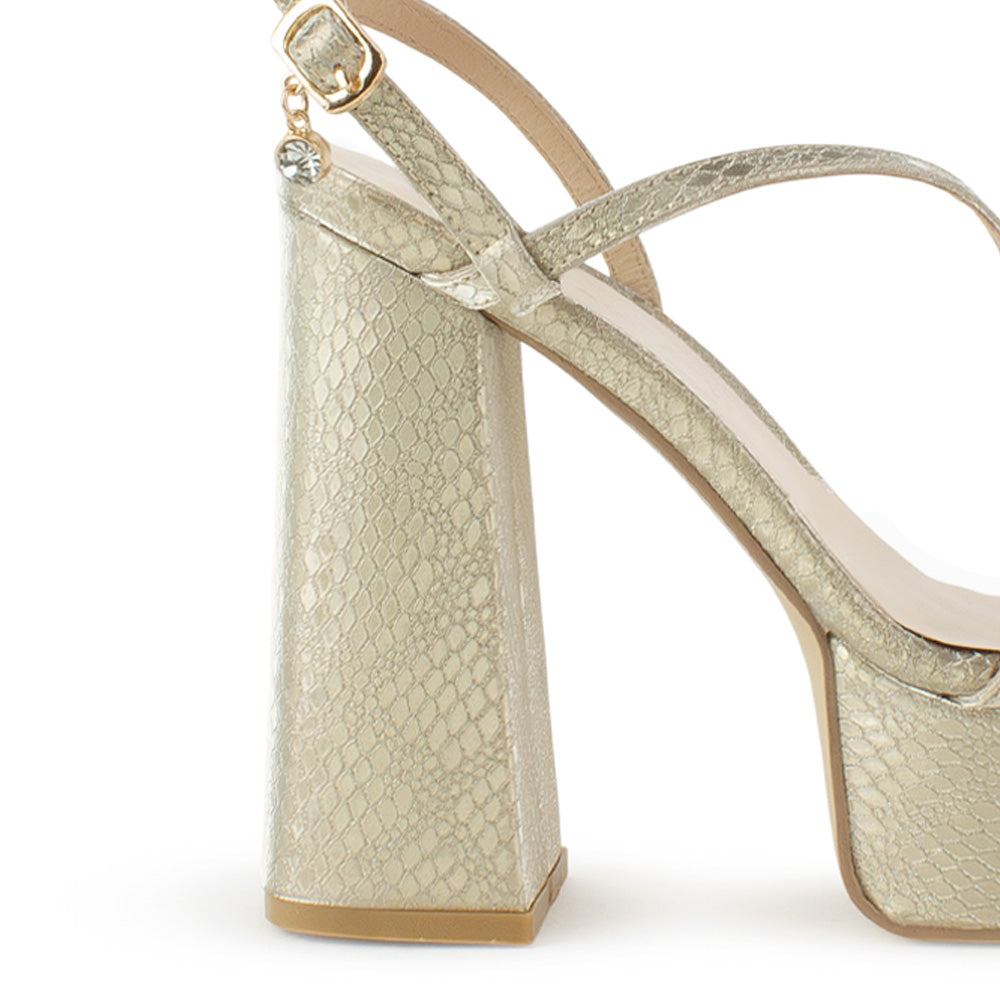 Zapatillas Oro Mujer Tacón Alto Grueso Tira Cruzada Moda 4040802