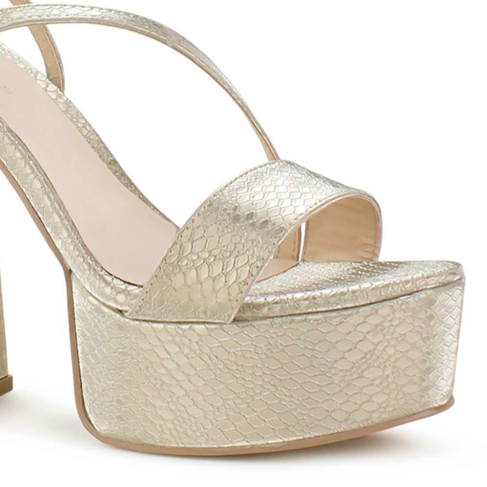 Zapatillas Oro Mujer Tacón Alto Grueso Tira Cruzada Moda 4040802