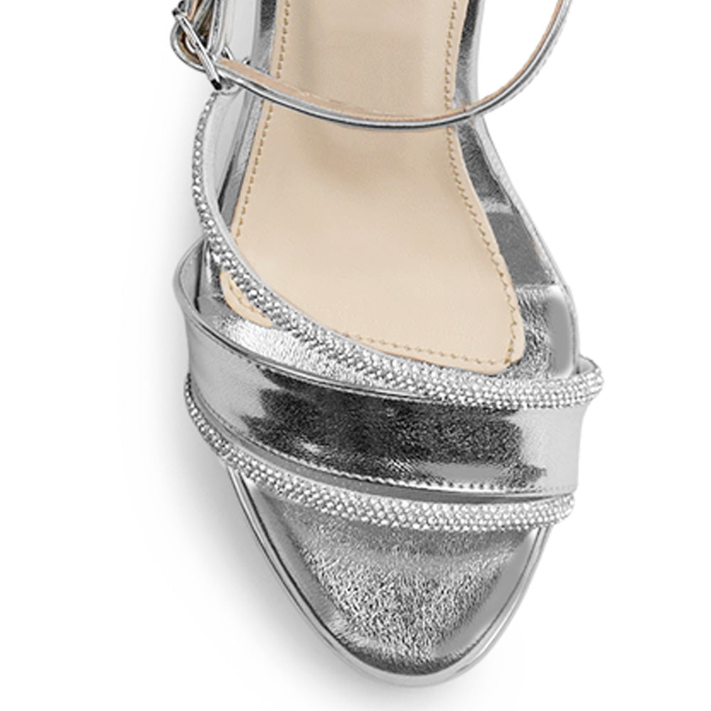 Zapatilla Plata Dama Elegante Tacon Delgado Tiras Brillos Pulsera 4040835