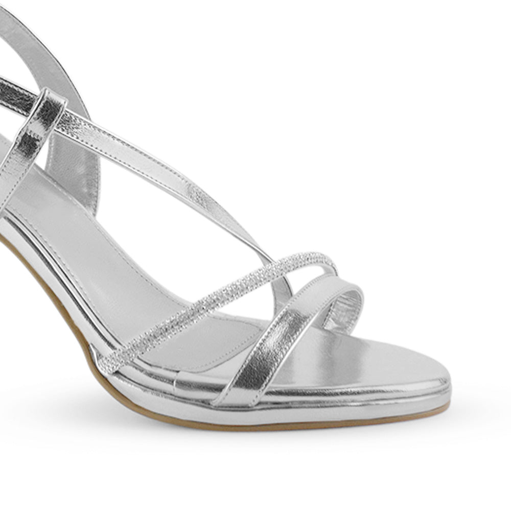 Zapatilla Plata Dama Tacon Delgado Tira Pedreria Fiesta 4040846