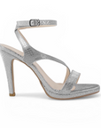 Zapatilla Plata Dama Tira Cruzada Tacon Alto Delgado Descubierto 4040882