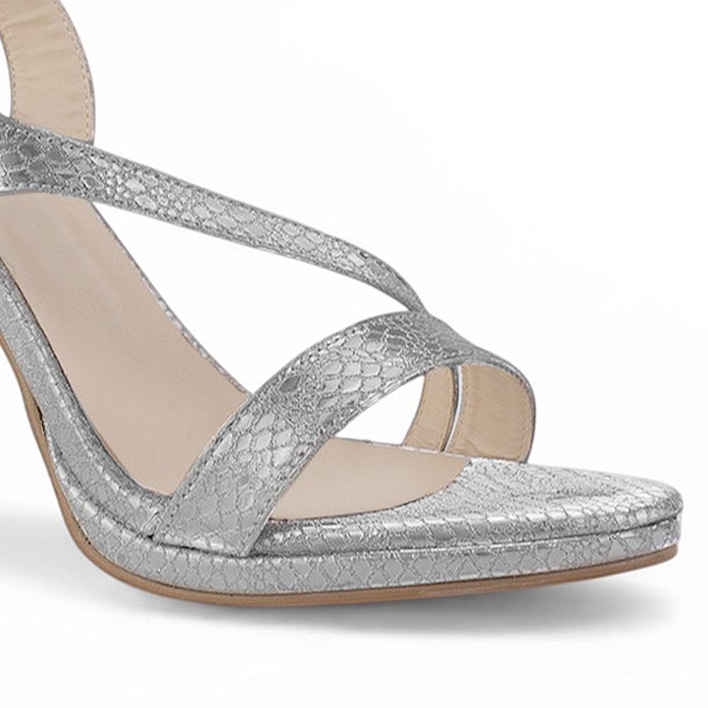Zapatilla Plata Dama Tira Cruzada Tacon Alto Delgado Descubierto 4040882