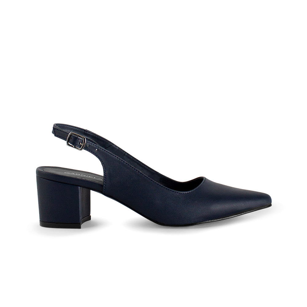 Vista lateral de zapatilla azul marino destalonada con tacón medio de 6cm puntal