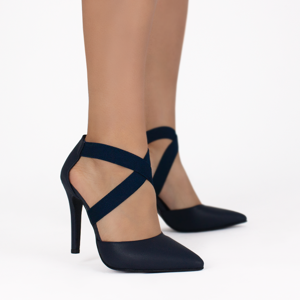 Zapatillas para mujer color azul marino con tacon delgado y tiras cruzadas