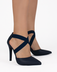 Zapatillas para mujer color azul marino con tacon delgado y tiras cruzadas