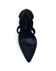 vista superior de zapatilla azul marino para mujer con tiras cruzadas de elastico