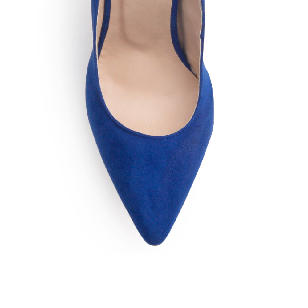 Vista de material durazno en zapatilla tipo stiletto para mujer en color azul rey 