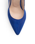 Vista de material durazno en zapatilla tipo stiletto para mujer en color azul rey 